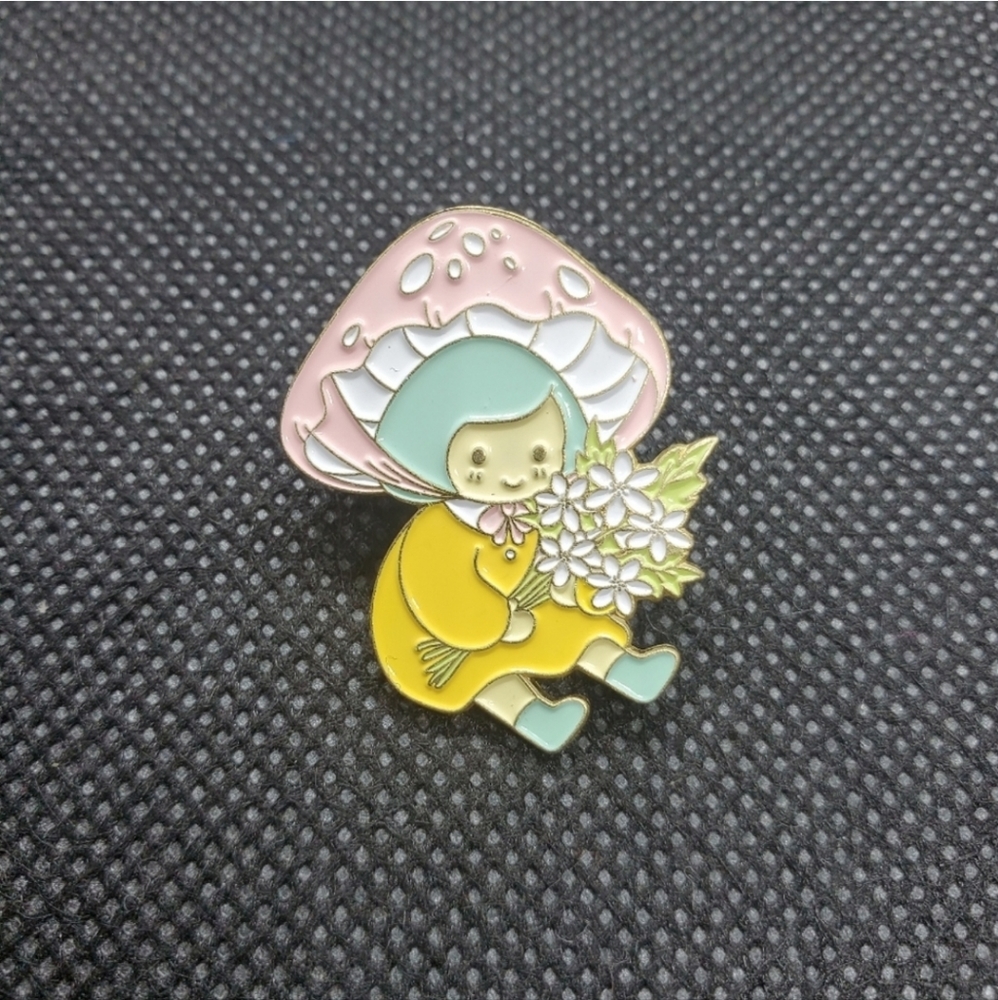 Mushroom girl enamel pin. pink and white